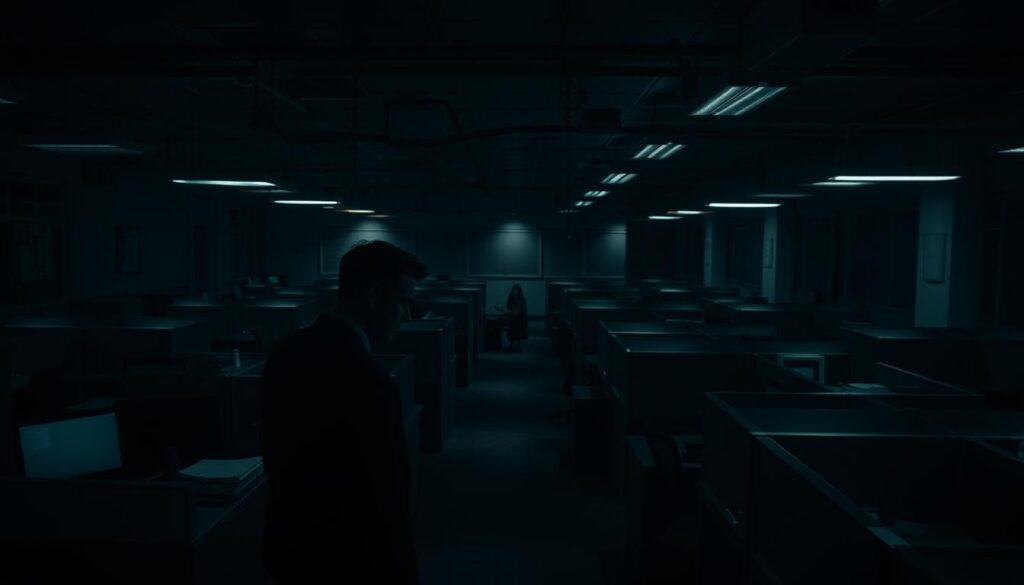 A dimly lit office space, desks and cubicles arranged in a maze-like pattern. Subtle jealousy patterns emerge in the shadows - a furtive glance, a clenched fist, a forced smile. The lighting is moody, with pools of light and deep shadows, creating an atmosphere of unease and hidden tensions. In the background, a sense of surveillance and scrutiny, with security cameras and fluorescent fixtures casting an artificial glow. The overall composition suggests a complex web of envy, competitiveness, and the facade of professionalism in the workplace. A dimly lit office space, desks and cubicles arranged in a maze-like pattern. Subtle jealousy patterns emerge in the shadows - a furtive glance, a clenched fist, a forced smile. The lighting is moody, with pools of light and deep shadows, creating an atmosphere of unease and hidden tensions. In the background, a sense of surveillance and scrutiny, with security cameras and fluorescent fixtures casting an artificial glow. The overall composition suggests a complex web of envy, competitiveness, and the facade of professionalism in the workplace.