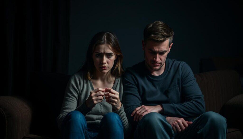 A dimly lit room, the air thick with tension. In the foreground, a couple sits on a worn couch, their bodies turned inward, faces etched with worry. The woman's eyes dart nervously, her hands fidgeting, while the man's brow is furrowed, his gaze downcast. In the background, shadows loom, hinting at the insecurities and doubts that permeate their relationship. The lighting is soft, casting a melancholic glow, as if the very atmosphere reflects the couple's emotional state. The scene conveys a sense of unease, a palpable disconnect between the two individuals, their once-strong bond now frayed and fragile. A dimly lit room, the air thick with tension. In the foreground, a couple sits on a worn couch, their bodies turned inward, faces etched with worry. The woman's eyes dart nervously, her hands fidgeting, while the man's brow is furrowed, his gaze downcast. In the background, shadows loom, hinting at the insecurities and doubts that permeate their relationship. The lighting is soft, casting a melancholic glow, as if the very atmosphere reflects the couple's emotional state. The scene conveys a sense of unease, a palpable disconnect between the two individuals, their once-strong bond now frayed and fragile.