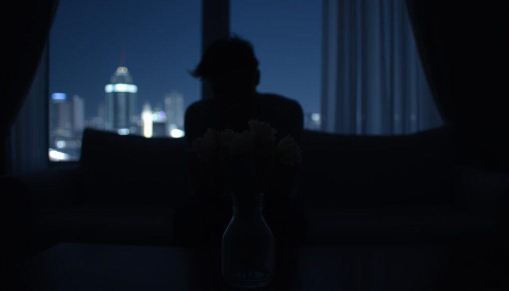 A dimly lit room with a person sitting on a couch, their face obscured by shadows. In the foreground, a vase of wilting flowers sits on a coffee table, symbolizing the deterioration of the relationship. The background features a window overlooking a cityscape, the lights outside casting a soft glow. The lighting is low, creating a somber, introspective atmosphere. The composition is balanced, with the person's pose and the placement of the flowers guiding the viewer's eye. The overall scene conveys a sense of unease and the internal struggle of recognizing and managing jealousy behavior. A dimly lit room with a person sitting on a couch, their face obscured by shadows. In the foreground, a vase of wilting flowers sits on a coffee table, symbolizing the deterioration of the relationship. The background features a window overlooking a cityscape, the lights outside casting a soft glow. The lighting is low, creating a somber, introspective atmosphere. The composition is balanced, with the person's pose and the placement of the flowers guiding the viewer's eye. The overall scene conveys a sense of unease and the internal struggle of recognizing and managing jealousy behavior.