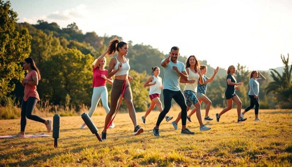 A dynamic, well-lit scene depicting a diverse group of people engaged in various self-care exercises and activities. In the foreground, individuals are shown stretching, doing yoga poses, and engaging in low-impact cardio like walking or jogging. The middle ground features people using resistance bands, free weights, and other simple fitness equipment. In the background, a serene natural setting with lush greenery, a clear sky, and warm, golden lighting creates a peaceful, rejuvenating atmosphere. The overall composition conveys a sense of movement, mindfulness, and the holistic benefits of caring for one's physical and mental well-being.