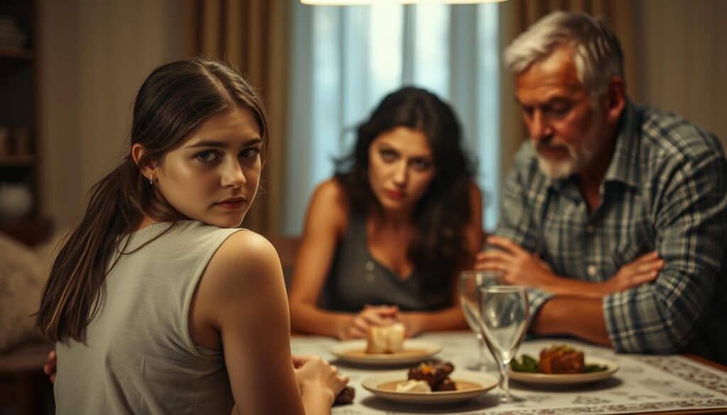 A family gathers around a dining table, their faces etched with unease and conflicting emotions. The lighting is soft and warm, creating an intimate yet tense atmosphere. In the foreground, a young woman turns away, her body language guarded, while an older relative leans in, their expression a mix of concern and underlying resentment. The background blurs, suggesting the weight of past experiences and unspoken tensions that linger in the room. The scene captures the complex dynamics of navigating negative emotions within family relationships, a dance of vulnerability, misunderstanding, and the yearning for connection.