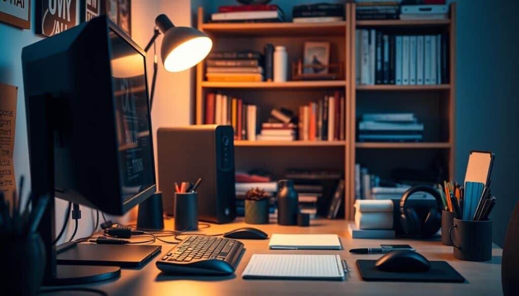 A meticulously crafted workspace filled with an array of productivity tools. In the foreground, a sleek desktop computer and a high-resolution monitor, bathed in the warm glow of a well-placed task lamp. Alongside, a clutter-free desk hosts a variety of ergonomic peripherals - a precision mouse, a tactile keyboard, and a minimalist notebook. The middle ground showcases a neatly organized collection of stationery essentials, including a pen holder, a pair of noise-cancelling headphones, and a compact desk organizer. In the background, shelves display a curated selection of reference materials and inspirational books, casting a subtle ambiance that encourages focus and productivity. The lighting is balanced, creating a harmonious, well-lit environment conducive to deep work and creative flow.