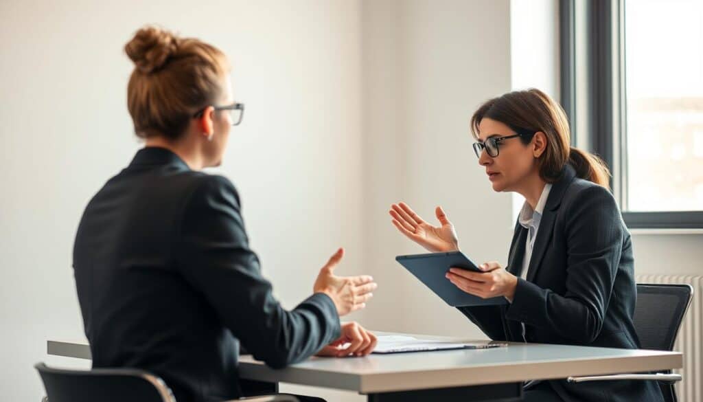 A modern office interior with a businesswoman sitting at her desk, engaged in a one-on-one meeting with a colleague. Soft, diffused lighting from a large window illuminates the scene, casting a warm, professional ambiance. The woman leans forward, her expression attentive, as she offers constructive feedback, gesturing with her hands to emphasize her points. Her colleague listens intently, taking notes on a tablet. The background is clean and minimalist, allowing the focus to remain on the meaningful discussion taking place.