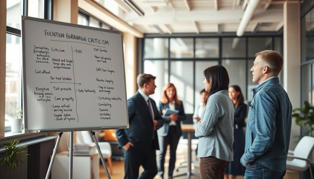 A modern office with a large whiteboard in the foreground, showcasing various strategies and techniques for managing criticism. The middle ground features a group of professionals engaged in a constructive discussion, their expressions conveying thoughtfulness and focus. The background depicts a warm, well-lit workspace, with natural light streaming through large windows, creating a sense of openness and collaboration. The overall atmosphere is one of productive problem-solving, where criticism is viewed as an opportunity for growth and improvement.