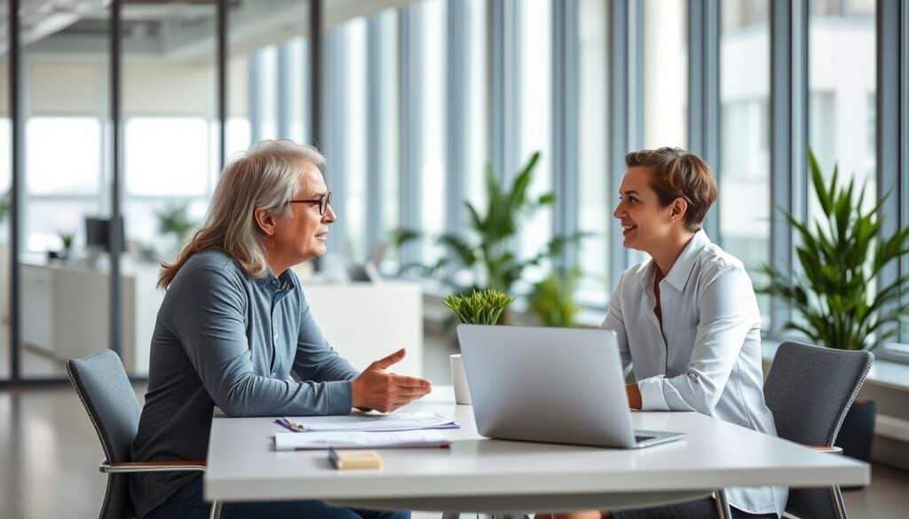 A modern, well-lit office setting. In the foreground, two colleagues engaged in a performance feedback conversation, their body language and facial expressions conveying a constructive, thoughtful dialogue. The manager, with a compassionate demeanor, listens intently to the employee, who appears receptive and open to the feedback. In the middle ground, a clean, minimalist desk with a laptop, documents, and a potted plant, suggesting a professional, collaborative environment. The background features floor-to-ceiling windows, allowing natural light to fill the space and create a sense of openness and transparency. The overall mood is one of mutual understanding, respect, and a shared commitment to growth and improvement.