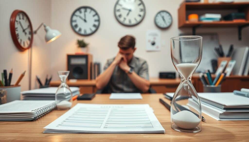 A neatly organized desk with a planner, to-do list, and various stationery items. A set of hourglasses in the foreground, representing the passage of time. In the middle ground, a person sitting at the desk, deep in thought, surrounded by subtle time-related motifs like a wall clock and calendar. The background features soft, warm lighting, conveying a sense of focus and productivity. The overall scene exudes a calming, structured atmosphere, suggesting a well-designed time management routine to overcome the feeling of being overwhelmed.