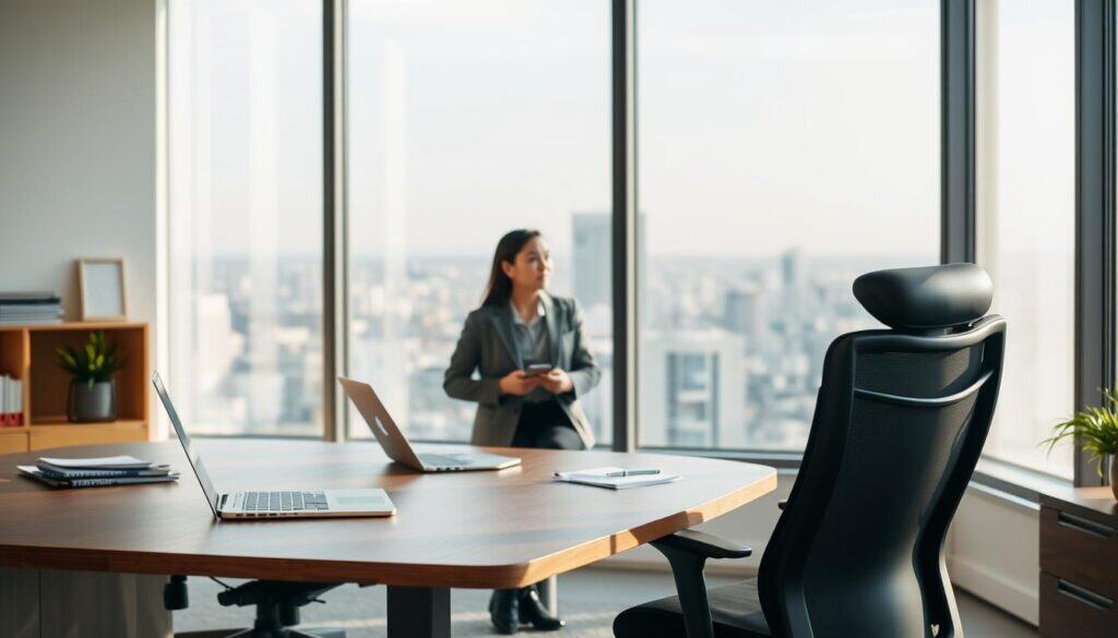 A neatly organized office setting with a prominent wooden desk and an ergonomic office chair. On the desk, a laptop, a notepad, and a pen, conveying a professional workplace atmosphere. In the middle ground, two colleagues engaged in a constructive discussion, their body language and facial expressions indicating an open and respectful exchange of ideas. In the background, a large window with a scenic cityscape, bathed in soft, natural lighting that creates a calming, collaborative ambiance. The scene exudes a sense of productive and thoughtful workplace communication.