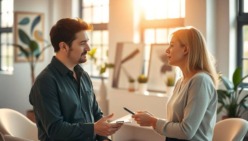 A peaceful office setting, bathed in warm natural light filtering through large windows. In the foreground, two colleagues engaged in a constructive discussion, their body language open and attentive. The manager, with a calm, thoughtful expression, offers feedback to the employee, who listens intently, pen and notepad in hand. The atmosphere conveys a sense of mutual understanding and respect. In the background, a minimalist decor with potted plants and abstract artwork, creating a serene, professional ambiance. The scene captures the essence of tactful, collaborative feedback, where growth and improvement are fostered through open and empathetic communication.