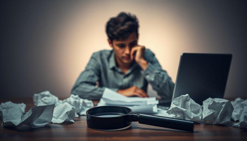 A person sitting at a desk, deep in contemplation, surrounded by crumpled papers and a laptop. The lighting is soft and introspective, casting subtle shadows that highlight the person's thoughtful expression. In the foreground, a magnifying glass rests on the desk, symbolizing the close examination of one's weaknesses. The background fades into a muted, atmospheric setting, conveying a sense of introspection and growth. The overall mood is one of self-reflection and the determination to improve through the lens of constructive criticism.