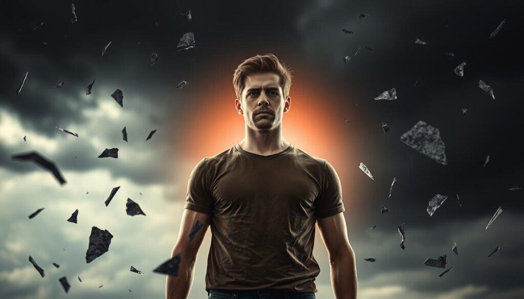 A person standing resolute, shoulders squared, facing a storm of dark clouds and swirling criticism. Their expression is calm, unflinching, the eyes radiating inner strength. In the foreground, jagged shards of negative feedback hover, fracturing the air. Yet the figure remains steadfast, a beacon of emotional resilience against the tempest. Dramatic backlighting illuminates their form, casting a halo-like glow. The background is blurred, emphasizing the individual's focus and determination to weather the emotional onslaught. The overall tone is one of defiance, of refusing to be diminished by harsh judgment.
