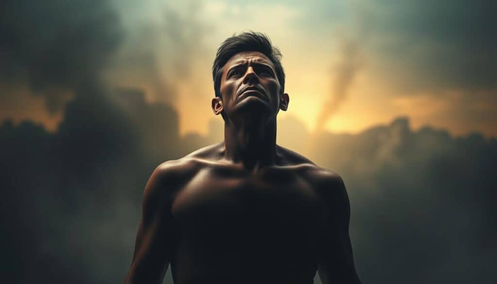 A person standing tall, shoulders back, eyes fixed with determined resolve, grappling with a storm of swirling emotions - anguish, defiance, and ultimately, resilience. The foreground captures the individual's internal battle, their face etched with a mix of pained vulnerability and unwavering strength. The middle ground blurs into a hazy, abstract landscape, a visual metaphor for the turmoil of criticism. In the background, a soft, warm light breaks through, symbolizing the potential for growth and transformation. Dramatic chiaroscuro lighting casts dramatic shadows, heightening the sense of drama and personal struggle. The overall mood is one of a cathartic, introspective journey - a testament to the power of adversity to forge inner fortitude.
