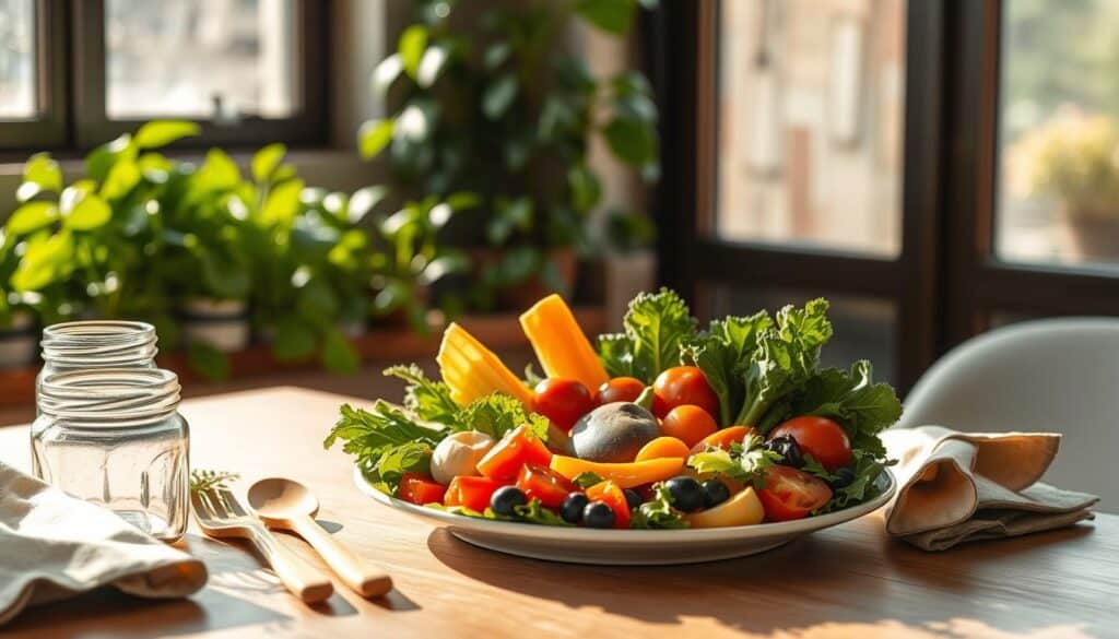 A plate of vibrant, organic vegetables arranged artfully, surrounded by reusable glass jars, wooden utensils, and sustainable food wrap. Sunlight filters through a large window, casting a warm glow on the scene. In the background, a lush, green indoor garden thrives, its verdant leaves suggesting a connection to nature. The overall atmosphere evokes a sense of mindful, eco-conscious wellness, inviting the viewer to pause and savor a sustainable, nourishing meal.