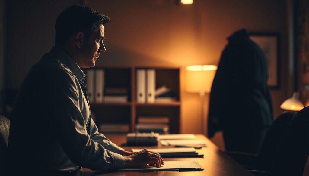 A professional office setting, dimly lit with a warm, somber atmosphere. In the foreground, a person sits hunched at their desk, shoulders tense, expression troubled as they receive negative feedback from their supervisor, who stands before them with a stern, critical gaze. The background is blurred, emphasizing the intensity of the interaction. Soft shadows cast across the scene, creating a sense of weight and unease. The lighting is directional, casting dramatic shadows that accentuate the subjects' body language and facial expressions, conveying the discomfort and defensiveness of the moment.