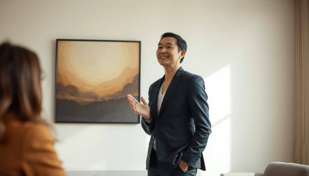 A professional person standing in a well-lit office, gracefully receiving constructive feedback from a colleague. The figure's posture is upright and attentive, their expression calm and receptive. The background features neutral-toned walls and a tasteful piece of art, conveying a sense of poise and composure. Soft, natural lighting illuminates the scene, creating a serene and collaborative atmosphere. The overall image radiates a sense of self-assurance and emotional intelligence in the face of criticism.