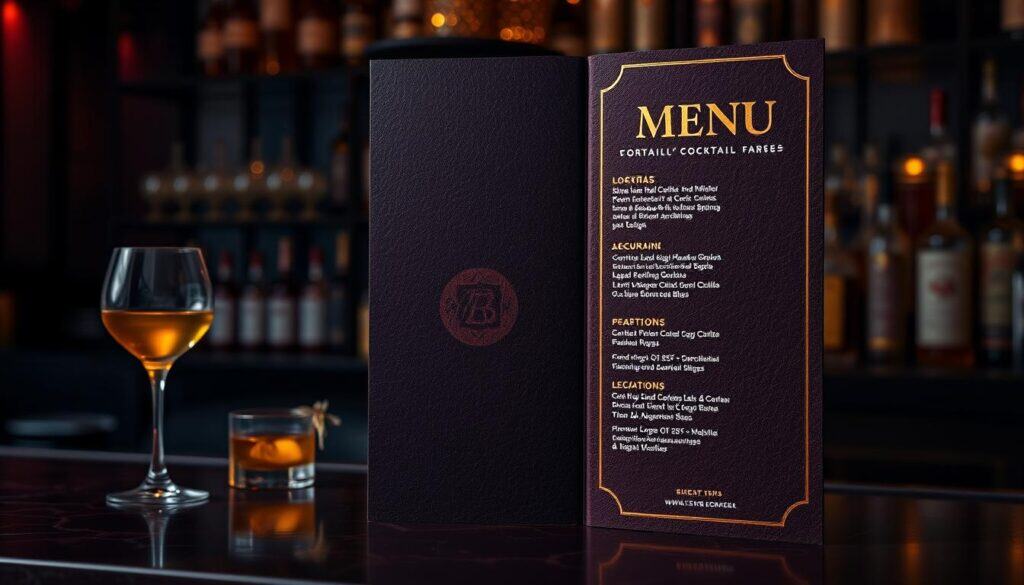 A richly textured cocktail menu design, featuring a sleek, contemporary layout with a sophisticated color palette of deep burgundy, charcoal, and metallic accents. The menu is set against a backdrop of a dimly lit bar scene, with subtle highlights illuminating the intricate glassware and garnishes. The foreground showcases a carefully curated selection of cocktails, each with a bold, eye-catching icon that hints at the drink's flavor profile and ingredients. The middle ground features a clean, minimalist typographic treatment, highlighting the menu's title and drink names in a legible, modern font. The background subtly incorporates subtle patterns or textures, such as a soft bokeh effect or a faint geometric overlay, creating a sense of depth and visual interest. The overall composition exudes an air of elegance, refinement, and a touch of mystery, inviting the viewer to explore the menu and discover the perfect cocktail for the occasion.