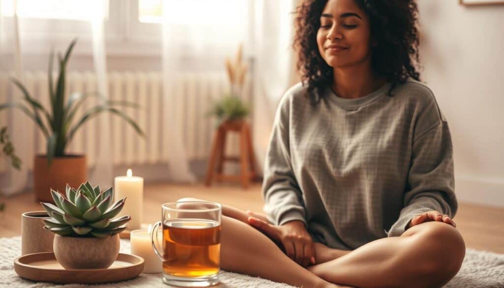 A serene and calming scene of a person engaging in a self-care routine, surrounded by elements that promote mental health benefits. The foreground depicts a person sitting cross-legged, eyes closed, practicing mindful meditation, with a peaceful expression on their face. The middle ground features calming elements such as a succulent plant, a scented candle, and a cup of herbal tea. The background showcases a warm, natural-lit room with soft, diffused lighting, creating a cozy and inviting atmosphere. The overall scene conveys a sense of tranquility, relaxation, and the restorative power of self-care practices for mental well-being.