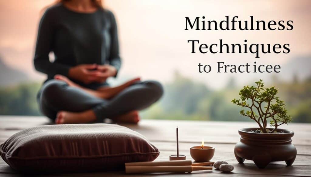 A serene and tranquil scene of a person sitting in a comfortable lotus position, eyes closed, and hands resting gently on their lap. The background is a calming, natural landscape with soft, diffused lighting, creating a sense of stillness and peace. In the foreground, there are various mindfulness tools such as a meditation cushion, incense, and a small Zen garden. The overall atmosphere is one of introspection, calm, and mental well-being, perfectly capturing the essence of "Mindfulness Techniques to Practice".