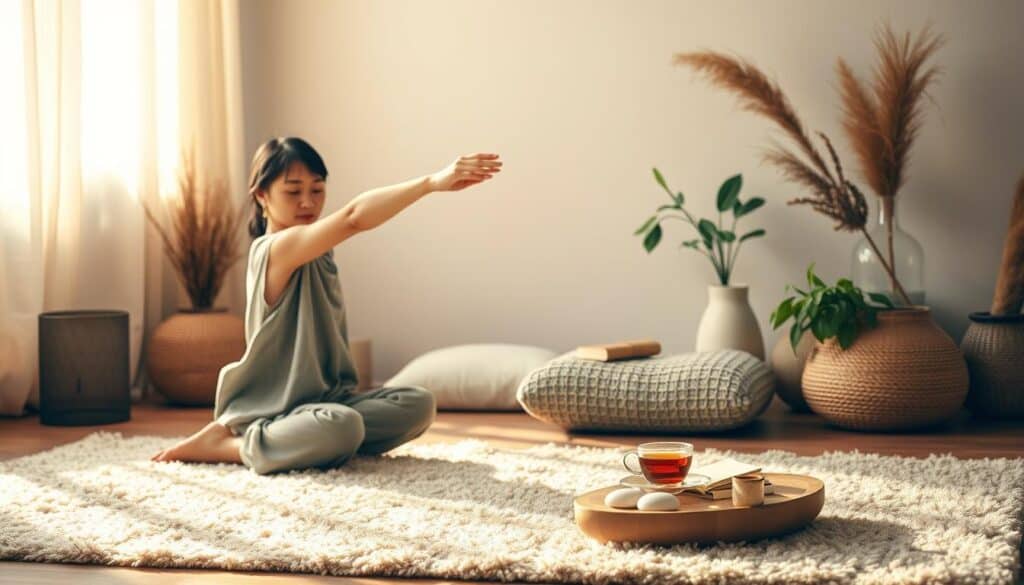 A serene, cozy space where an introvert finds solace in gentle, mindful movement. In the foreground, a person in loose, comfortable clothing stretches on a plush rug, their expression calm and focused. Soft, natural lighting filters through sheer curtains, casting a warm glow. In the middle ground, a cushioned meditation pillow and a small table hold a cup of herbal tea, a notebook, and a few other self-care items. The background features a minimalist, earthy-toned decor, with plants and natural elements adding to the soothing atmosphere. An overall sense of tranquility and self-care permeates the scene.