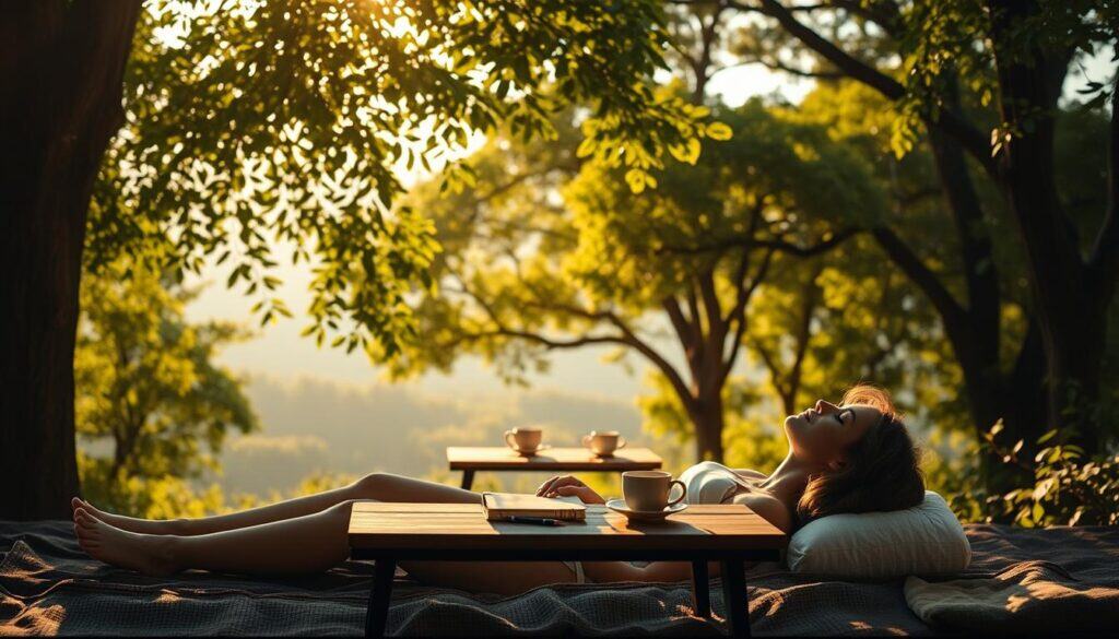 A serene digital detox scene set in a lush, nature-inspired environment. In the foreground, a reclining figure enjoys a moment of tranquility, their eyes closed as they unwind from the digital world. Surrounding them, soft lighting filters through the leaves of towering trees, casting a warm, golden glow. In the middle ground, a simple wooden table holds a few analog items like a notebook and a cup of tea, symbolizing the retreat from technology. The background features a distant, blurred landscape, hinting at the expansive world beyond the peaceful moment. The overall atmosphere evokes a sense of inner restoration and digital disconnection, reflecting the mental health benefits of an introvert's digital detox.