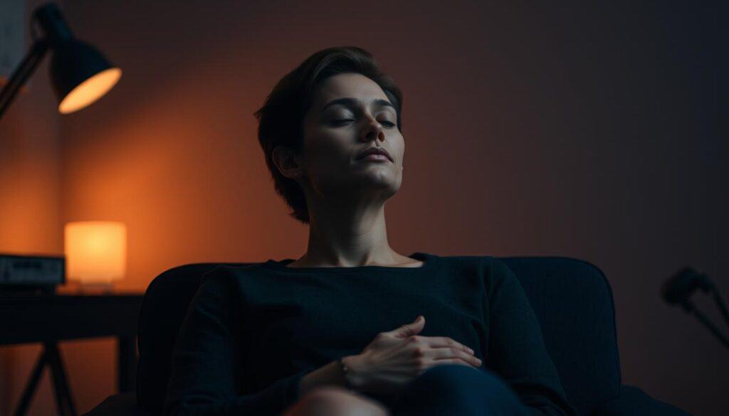 A serene, dimly lit workspace with a person seated in a comfortable chair, eyes closed in deep contemplation. Soft, warm lighting illuminates their face, casting gentle shadows that accentuate their features. The background is a muted, calming palette, with subtle textures and shapes that create a sense of tranquility. The person's posture is relaxed, their hands resting lightly on their lap, suggesting a state of focused mental preparation. The atmosphere evokes a sense of inner calm and resilience, reflecting the individual's ability to center themselves before facing challenging feedback.