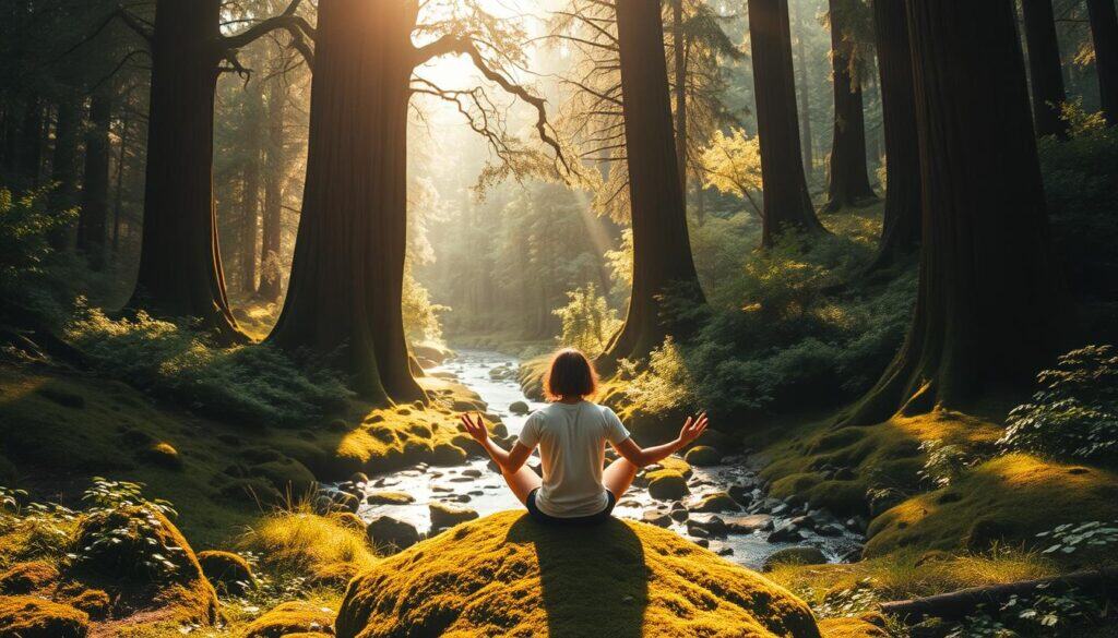 A serene forest glade bathed in warm, soft natural lighting. In the foreground, a person sits cross-legged on a moss-covered rock, palms upturned in a meditative pose. Behind them, a tranquil stream winds its way through the lush undergrowth, the gentle sound of flowing water creating a soothing ambiance. Tall, ancient trees frame the scene, their canopies filtering the sunlight and casting a dappled pattern on the ground. The overall mood is one of calm introspection, inviting the viewer to pause and connect with the natural world.