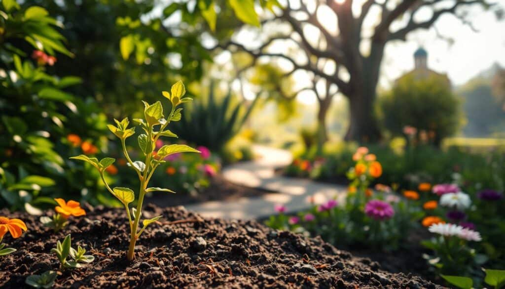 A serene garden oasis, sunlight filtering through lush foliage. In the foreground, a young sapling sprouts from the earth, its tender leaves unfurling with vibrant green hues. Surrounding it, vibrant flowers bloom in a spectrum of colors, petals dancing in a gentle breeze. In the middle ground, a meandering path invites exploration, flanked by towering trees whose branches reach skyward, symbolizing growth and resilience. The background fades into a soft, hazy horizon, conveying a sense of tranquility and inner peace. This image evokes a mindset of embracing challenges, allowing adversity to become a catalyst for personal transformation and flourishing.