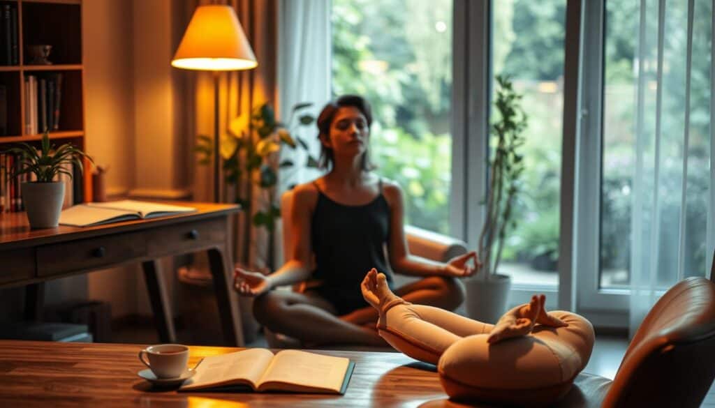 A serene home office with a wooden desk, a potted plant, and a cozy armchair. The warm glow of a floor lamp illuminates the space, creating a calming atmosphere. On the desk, an open journal and a cup of tea suggest a moment of contemplation. In the foreground, a person sits cross-legged, their eyes closed, deep in meditation. The background features a window overlooking a tranquil garden, with soft, diffused natural light filtering in. This scene conveys a sense of introspection and self-reflection, hinting at strategies for managing jealousy through mindfulness and inner exploration.