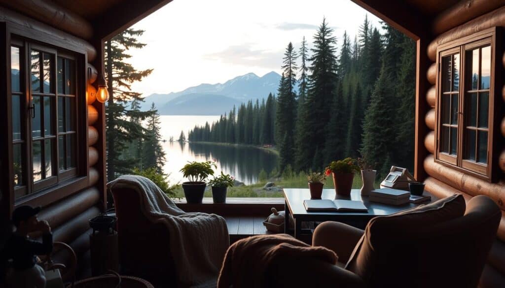 A serene lakeside cabin nestled in a lush, forested landscape. Soft, natural lighting filters through the windows, casting a warm, inviting glow. In the foreground, a cozy reading nook with a plush armchair and a warm throw blanket, inviting introspection and quiet contemplation. The middle ground features a writing desk overlooking the tranquil lake, surrounded by potted plants and a few thoughtfully placed personal items. In the background, a picturesque mountain range silhouetted against a pastel sky, evoking a sense of peaceful isolation. The overall atmosphere is one of tranquility, self-reflection, and the rejuvenating power of solitude.