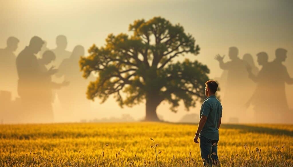 A serene meadow bathed in soft, golden light. In the foreground, a person stands tall, their gaze unwavering, facing a swarm of critic's voices depicted as shadowy figures. Yet, the person's expression is one of calm determination, their body language conveying a growth mindset - they are weathering the criticism, not allowing it to diminish their sense of self-worth. In the middle ground, a towering oak tree stands as a symbol of resilience, its branches reaching towards the sky. The background is a hazy, dreamlike landscape, hinting at the inner journey of personal growth and the overcoming of anxiety.