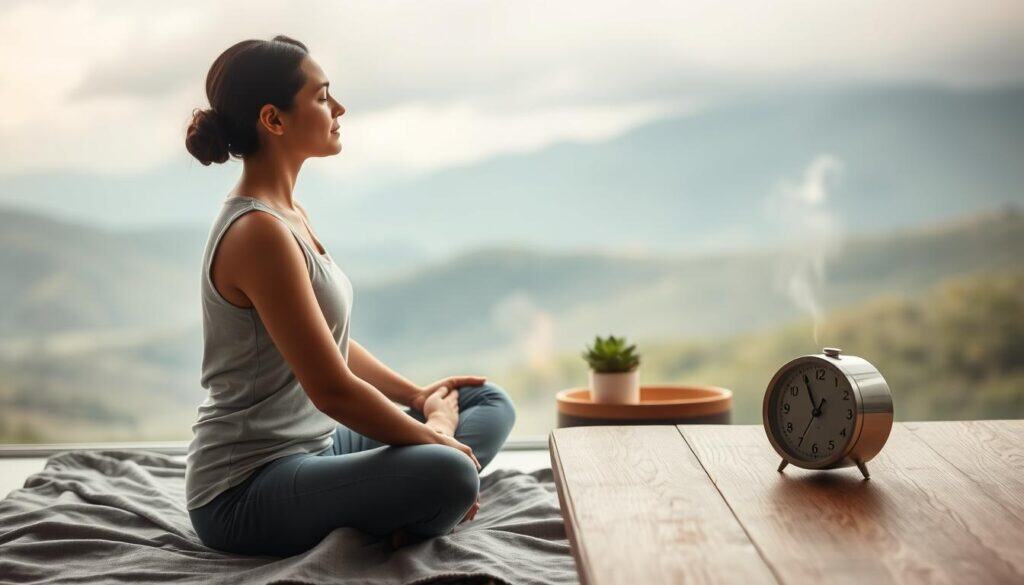 A serene, minimalist digital detox scene. In the foreground, a person sitting cross-legged, eyes closed, hands resting on their lap, deeply immersed in a meditative pose. The middle ground features a wooden table with a cup of herbal tea, a succulent plant, and a vintage-style analog alarm clock. The background is a soft, blurred landscape of rolling hills and a cloudy sky, conveying a sense of tranquility and disconnection from the digital world. Soft, natural lighting illuminates the scene, creating a warm, calming atmosphere. The overall composition evokes a feeling of mindfulness, balance, and a gentle retreat from technology.