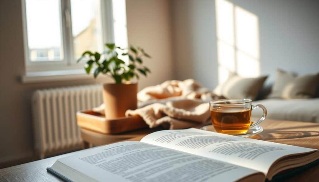 A serene, minimalist scene depicting mental health resources during challenging times. In the foreground, an open book with soothing illustrations and calming text. In the middle ground, a potted plant, a warm, soft blanket, and a cup of herbal tea, all arranged on a wooden table. The background is a muted, neutral-toned room with natural lighting filtering in through a large window, creating a peaceful, introspective atmosphere. The overall composition conveys a sense of self-care, comfort, and rejuvenation, inviting the viewer to pause, reflect, and engage in restorative practices.