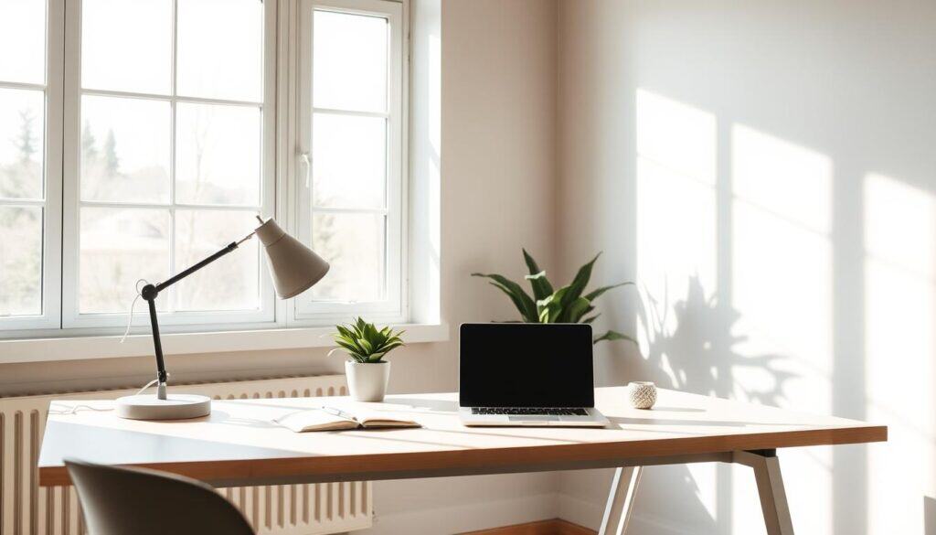 A serene, minimalist workspace with an abundance of natural light streaming through large windows. On a neatly organized desk, a laptop, a potted plant, and a few carefully chosen productivity tools like a notebook and pen. The walls are adorned with soft, muted tones, creating a calming atmosphere. Gentle shadows cast by the desk lamp add depth and dimension. The overall scene exudes a sense of focus and tranquility, perfectly suited for tackling tasks and overcoming anxiety.