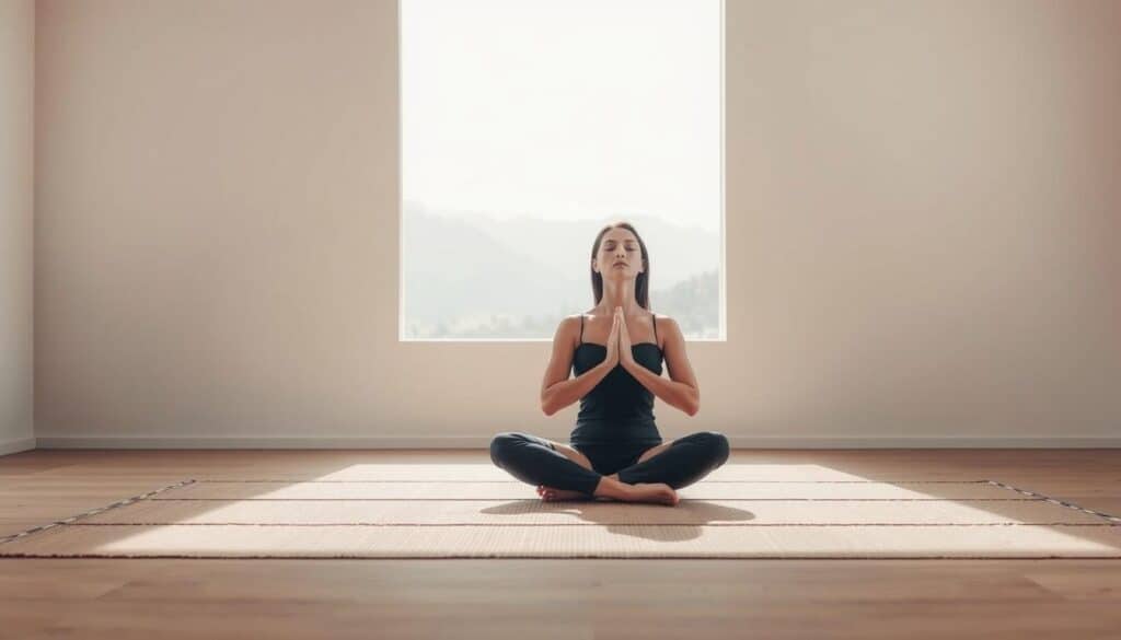 A serene, minimalistic scene depicting a person practicing deep breathing exercises to manage anxiety and boost productivity. In the foreground, the person sits cross-legged, eyes closed, hands resting on their lap, surrounded by a soft, diffused lighting. The middle ground features a simple, zen-inspired room with muted colors and natural textures, such as a bamboo mat or wooden floor. The background showcases a tranquil landscape, perhaps a mountain vista or a calming body of water, conveying a sense of peace and balance. The overall mood is one of calm focus, mindfulness, and inner harmony, reflecting the techniques to overcome procrastination when feeling overwhelmed.