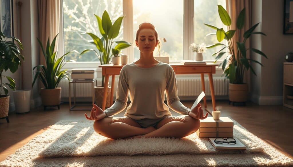 A serene morning scene, bathed in warm, golden light streaming through large windows. In the foreground, a person sitting cross-legged on a plush rug, eyes closed, hands resting gently on their lap, deep in a mindfulness meditation practice. Behind them, a neatly organized desk with a cup of steaming coffee, a journal, and a pair of reading glasses, symbolizing the importance of mental focus and productivity. In the background, lush indoor plants and a view of a tranquil, sun-dappled outdoor space, conveying a sense of harmony and rejuvenation. The overall atmosphere is one of clarity, calm, and the transformative power of a structured morning routine.