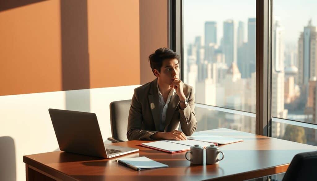 A serene office setting with a professional individual sitting at a desk, thoughtfully considering constructive feedback. The lighting is warm and natural, creating a calming atmosphere. The figure is dressed in business attire, their posture conveying a poised and receptive demeanor. The desktop features a laptop, a notepad, and a cup of coffee, suggesting an introspective moment of reflection. In the background, a window offers a view of a bustling city skyline, symbolizing the broader context in which this professional response to criticism takes place.