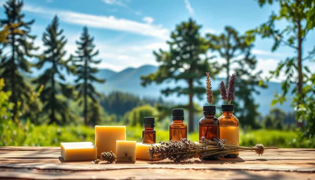 A serene outdoor scene featuring an assortment of natural self-care products arranged artfully on a rustic wooden table. In the foreground, handcrafted soap bars, essential oil bottles, and a bundle of dried lavender are illuminated by warm, diffused natural lighting. The middle ground showcases a lush, verdant backdrop of towering trees and flourishing greenery, creating a tranquil and rejuvenating atmosphere. In the distance, a picturesque mountain range is visible, framed by wispy clouds in a clear, azure sky. The overall composition evokes a sense of harmony, mindfulness, and a deep connection with the natural world.