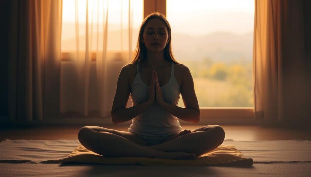 A serene, softly-lit scene of a person sitting cross-legged on a cushion, eyes closed, hands resting palms-up on their lap. Warm, diffused lighting from a window casts a gentle glow, creating a sense of tranquility. In the background, a blurred, peaceful landscape with a distant horizon. The overall atmosphere evokes a meditative, mindful state, suggesting techniques for managing feelings of jealousy through self-reflection and inner calm.