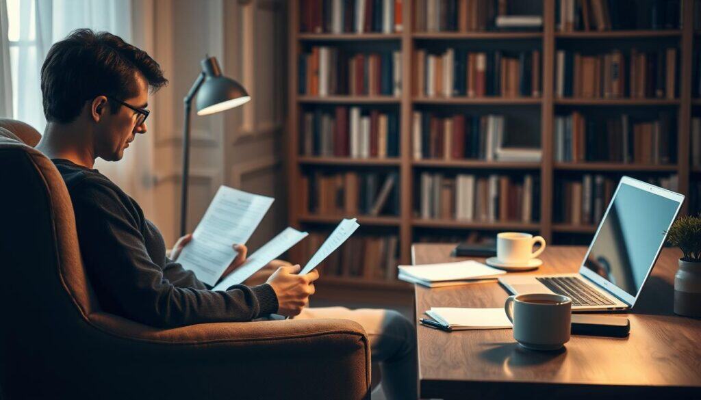 A serene study space with a calm, contemplative atmosphere. In the foreground, a person sits comfortably on a plush armchair, their face reflecting a thoughtful expression as they review notes and documents. Diffused, warm lighting from a nearby lamp creates a cozy, introspective ambiance. In the middle ground, a wooden desk holds a laptop, stationery, and a cup of tea, symbolizing the tools for self-improvement. The background features bookshelves, their spines hinting at the wealth of knowledge available for growth. Muted earth tones and soft textures throughout create a nurturing, inviting environment for the process of receiving and reflecting on constructive feedback.