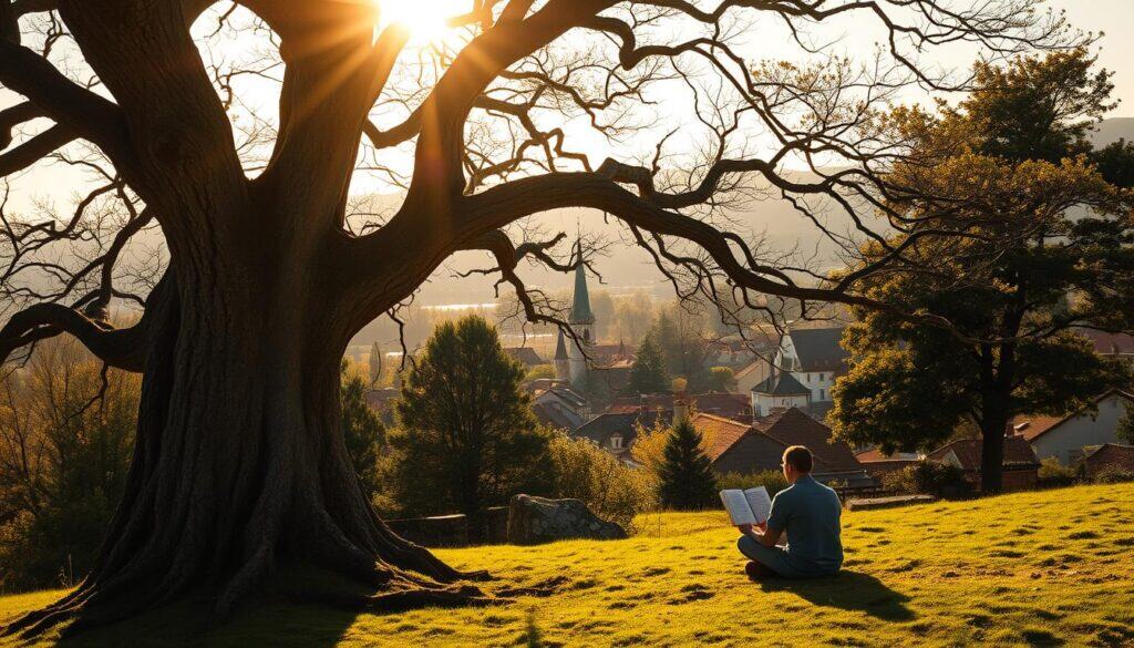 A serene, sun-dappled landscape with a sturdy oak tree standing tall in the foreground. Its branches, gnarled and twisted, symbolize the resilience built through weathering life's storms. In the middle ground, a person sits meditatively, deeply engaged in a book, as if finding solace and wisdom in the written word. The background reveals a picturesque village, its rooftops and spires reflecting the golden hour light, conveying a sense of tranquility and inner peace. The overall mood is one of contemplation, growth, and the transformative power of criticism - a catalyst for self-improvement.