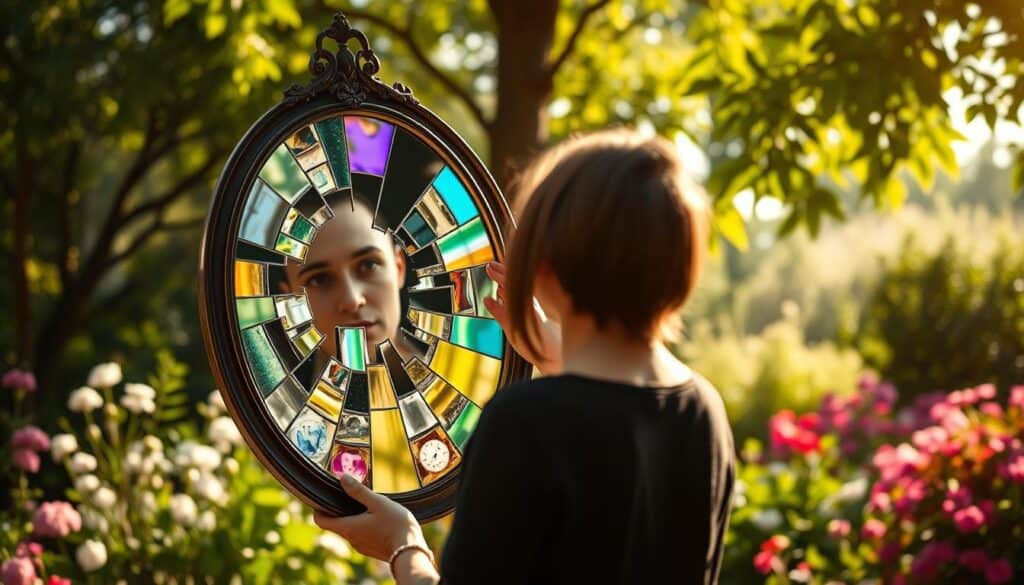 A serene, sunlit garden serves as the backdrop, its lush greenery and blooming flowers symbolizing personal growth. In the foreground, a person stands with an introspective gaze, holding a mirror that reflects a shattered, fragmented image - a metaphor for the initial pain of criticism. Yet, the mirror's frame is transforming, its cracks mending into an intricate, stained-glass pattern, refracting the light and casting colorful, kaleidoscopic reflections. This visual metaphor conveys the journey of embracing criticism, shattering limiting self-perceptions, and emerging with a newfound clarity and resilience.