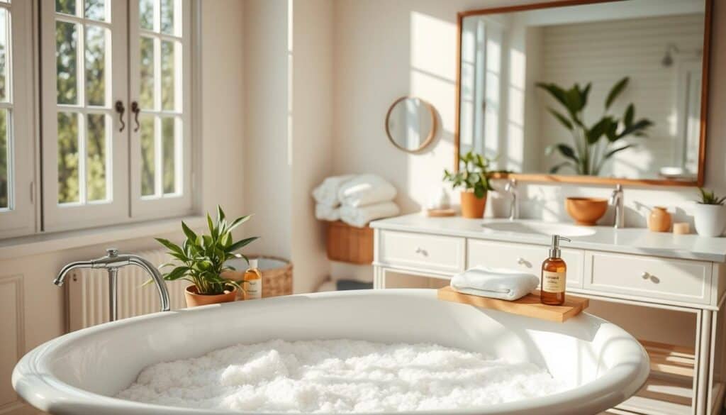 A serene, well-lit bathroom interior with natural sunlight streaming through large windows. In the foreground, a claw-foot bathtub filled with fragrant, plant-based bath salts, surrounded by an assortment of eco-friendly toiletries and bamboo accessories. In the middle ground, a vanity topped with a lush plant, a stack of fluffy organic towels, and a zero-waste soap dispenser. The background features a large mirror reflecting the calm scene, along with simple, minimalist decor and a potted plant in the corner. The overall atmosphere exudes a sense of tranquility and sustainable self-care.