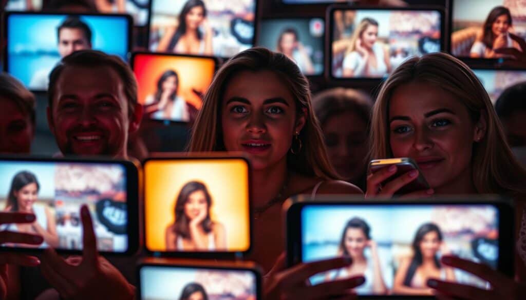 A social media feed filled with carefully curated moments, masking the subtle undercurrents of envy. Vibrant screens juxtaposed with muted expressions, hinting at the green-eyed monster lurking beneath the surface. Glossy images of lavish lifestyles, carefully staged to elicit a pang of jealousy. Soft, diffused lighting casts an alluring glow, drawing the viewer in, only to reveal the hidden tensions and insecurities that social platforms can amplify. Angles and compositions designed to evoke a sense of missing out, as the viewer is confronted with the illusion of perfection. The overall atmosphere is one of discomfort, where the veneer of happiness conceals the more complex emotional landscape of modern life. A social media feed filled with carefully curated moments, masking the subtle undercurrents of envy. Vibrant screens juxtaposed with muted expressions, hinting at the green-eyed monster lurking beneath the surface. Glossy images of lavish lifestyles, carefully staged to elicit a pang of jealousy. Soft, diffused lighting casts an alluring glow, drawing the viewer in, only to reveal the hidden tensions and insecurities that social platforms can amplify. Angles and compositions designed to evoke a sense of missing out, as the viewer is confronted with the illusion of perfection. The overall atmosphere is one of discomfort, where the veneer of happiness conceals the more complex emotional landscape of modern life.