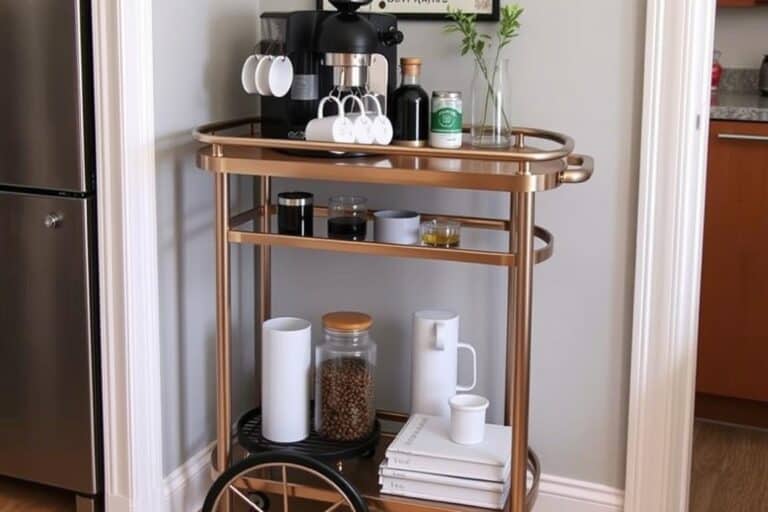 A stylish rolling bar cart transformed into a mobile coffee station with an espresso maker, mugs, and coffee beans in a small space