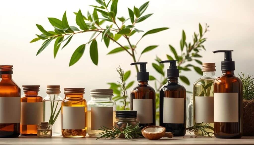A tranquil scene showcasing an assortment of eco-friendly, sustainable hair care products. In the foreground, an array of glass bottles and jars filled with natural, plant-based ingredients like aloe vera, coconut oil, and rosemary. A soft, diffused light illuminates the products, highlighting their organic textures and earthy tones. In the middle ground, a lush, verdant plant with delicate leaves frames the scene, symbolizing the harmony between nature and self-care. The background features a muted, blurred landscape evoking a sense of calm and serenity, inviting the viewer to imagine the restorative experience of using these sustainable hair care items.