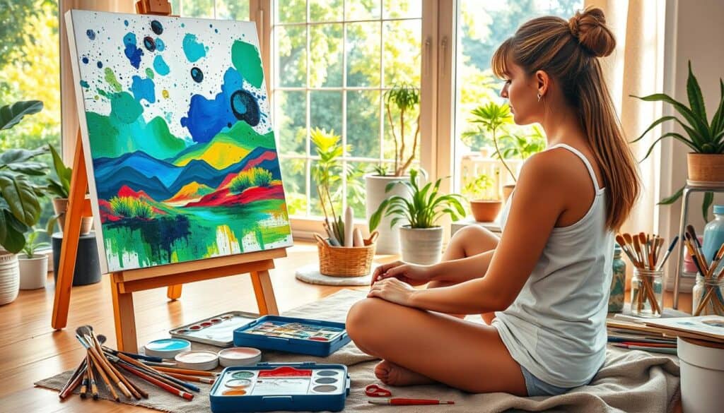 A vibrant acrylic painting depicting a relaxing self-care scene. In the foreground, a young woman sits cross-legged, immersed in painting a colorful abstract landscape on an easel. Splashes of vivid paints in shades of blues, greens, and reds fill the canvas, reflecting her creative flow. The middle ground shows an array of art supplies - brushes, palettes, and various mediums, suggesting a dedicated artistic practice. In the background, a cozy, sun-drenched studio space with large windows overlooking a lush, green garden, creating a serene, inspirational atmosphere. Warm, soft lighting illuminates the scene, conveying a sense of calm and mindfulness.