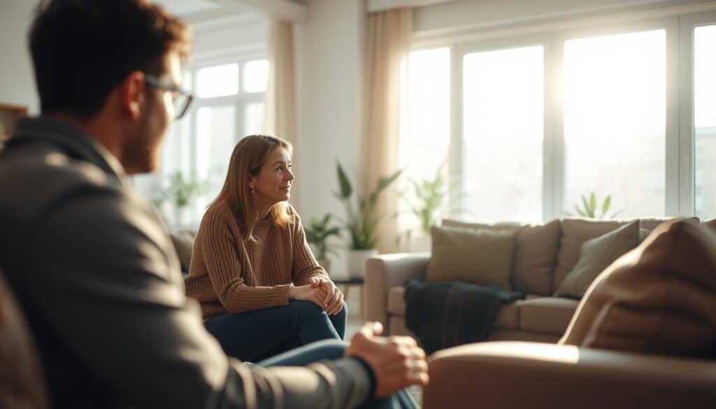 A warm, inviting living room setting. In the foreground, two people sit facing each other, engaged in an earnest dialogue. Their expressions are thoughtful, with an air of mutual understanding. Soft, natural lighting filters in through large windows, creating a tranquil, open atmosphere. The middle ground features subtle decor elements like potted plants and a plush rug, adding a sense of comfort. The background blurs softly, allowing the focus to remain on the two figures and their constructive exchange. An overall tone of respectful, considerate communication pervades the scene.