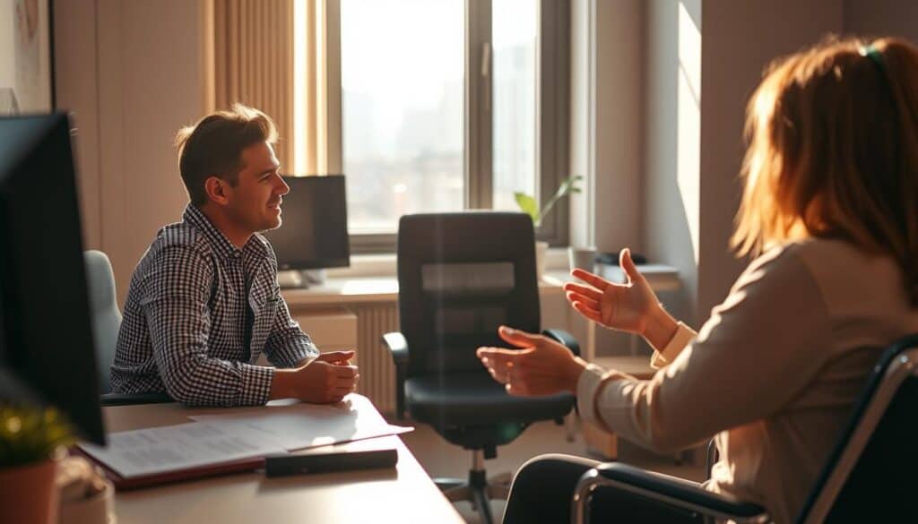 A warm, well-lit office setting with a desk, chair, and two people engaged in a constructive feedback discussion. The foreground shows the two individuals making eye contact, with open body language, gestures, and expressions conveying an atmosphere of mutual understanding and collaboration. The middle ground features the desk, with documents and a laptop suggesting the professional context. The background depicts a window overlooking a cityscape, suggesting a sense of broader perspective and opportunity. The lighting is soft and natural, creating a welcoming and productive mood.