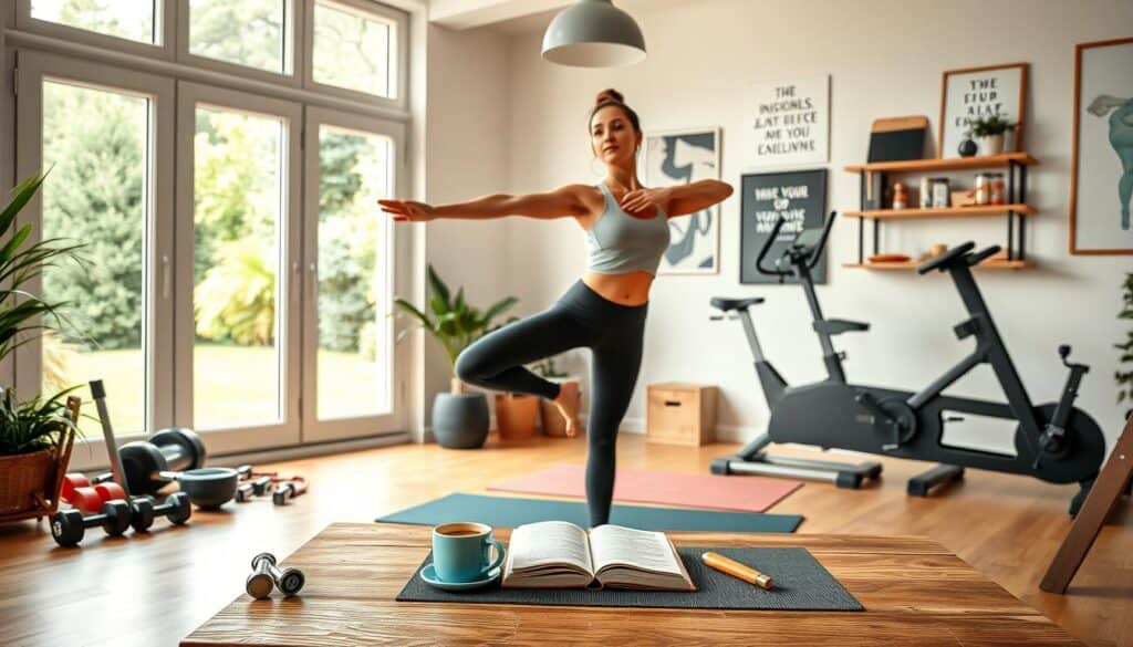 A well-lit, airy room with large windows overlooking a peaceful garden. In the foreground, a young woman standing on a yoga mat, mid-stretch, her expression serene and determined. Surrounding her, an assortment of fitness equipment - dumbbells, resistance bands, and a sleek exercise bike. The middle ground features a wooden table with a freshly brewed cup of coffee, a journal, and a motivational quote. In the background, the walls are adorned with inspirational artwork and shelves displaying healthy snacks. The overall atmosphere exudes a sense of calm, productivity, and a commitment to a balanced, active lifestyle.