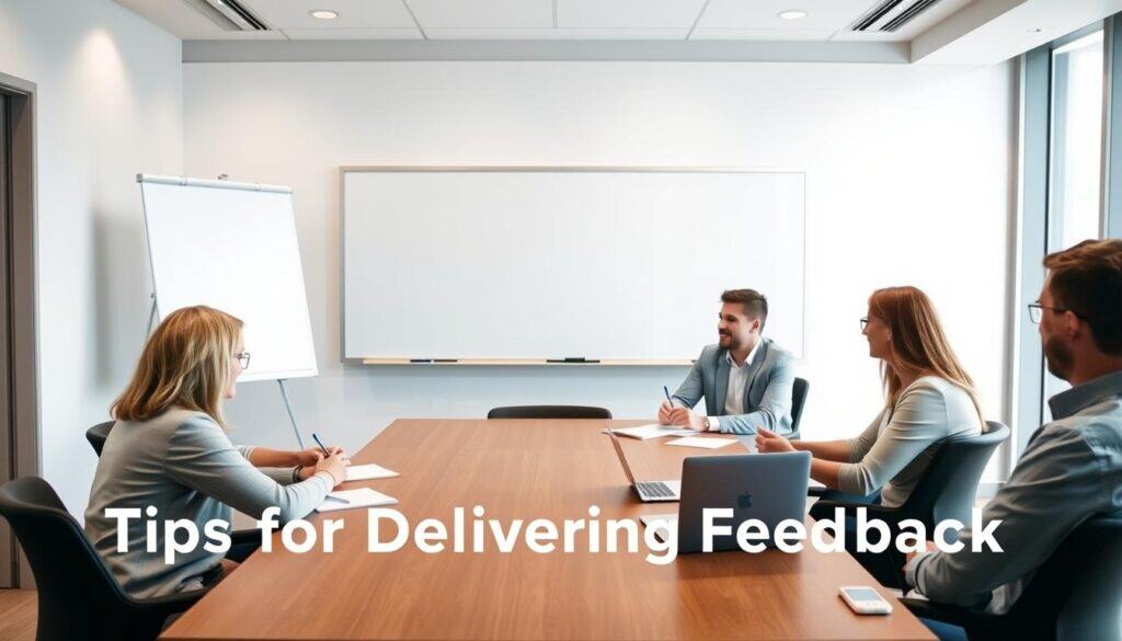 A well-lit, modern conference room with a large whiteboard and presentation screen at the front. Five people are seated around a wooden table, engaged in a training session on delivering effective feedback. The attendees have attentive expressions, taking notes and discussing the topic. The room has a warm, professional atmosphere with soft lighting and neutral-toned decor. The scene conveys a sense of learning and collaboration. The overall composition and lighting create a visually appealing and instructive image to complement the article's "Tips for Delivering Effective Feedback" section.