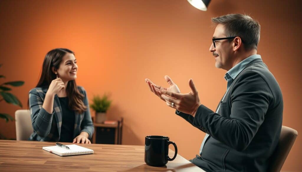 A well-lit studio scene with two people engaged in a constructive feedback session. In the foreground, a woman listens intently as a man gestures animatedly, his expression thoughtful yet encouraging. Their body language conveys a sense of collaboration and mutual understanding. In the middle ground, a desk with a notebook, pen, and a mug of coffee creates a professional, yet relaxed atmosphere. The background features warm, neutral-toned walls, suggesting a comfortable, creative workspace. Soft, directional lighting casts subtle shadows, highlighting the positive, solution-focused dynamic between the two individuals.